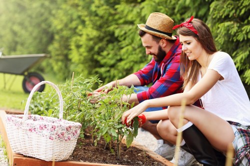 Company representative reviewing a garden and notes